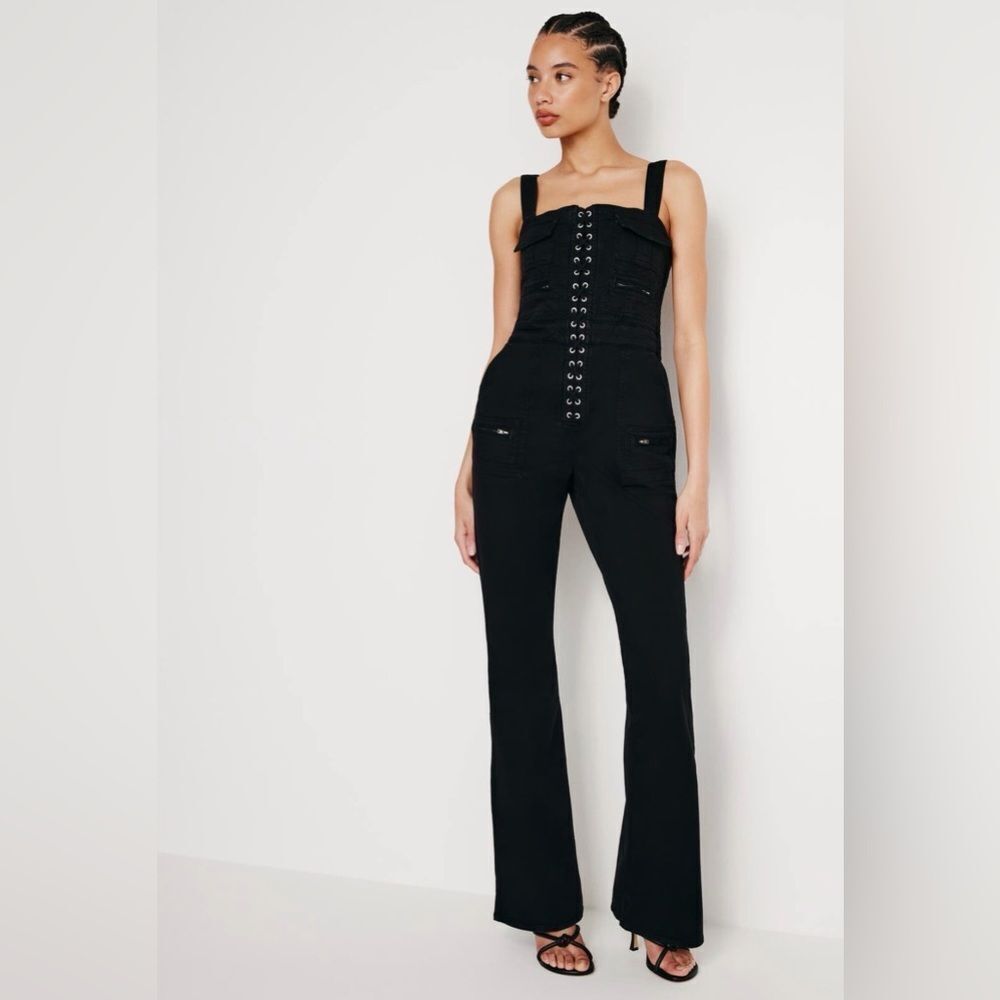 Good American Black Cargo Tank Bootcut Jumpsuit Full Length LaceUp Pockets S NWT